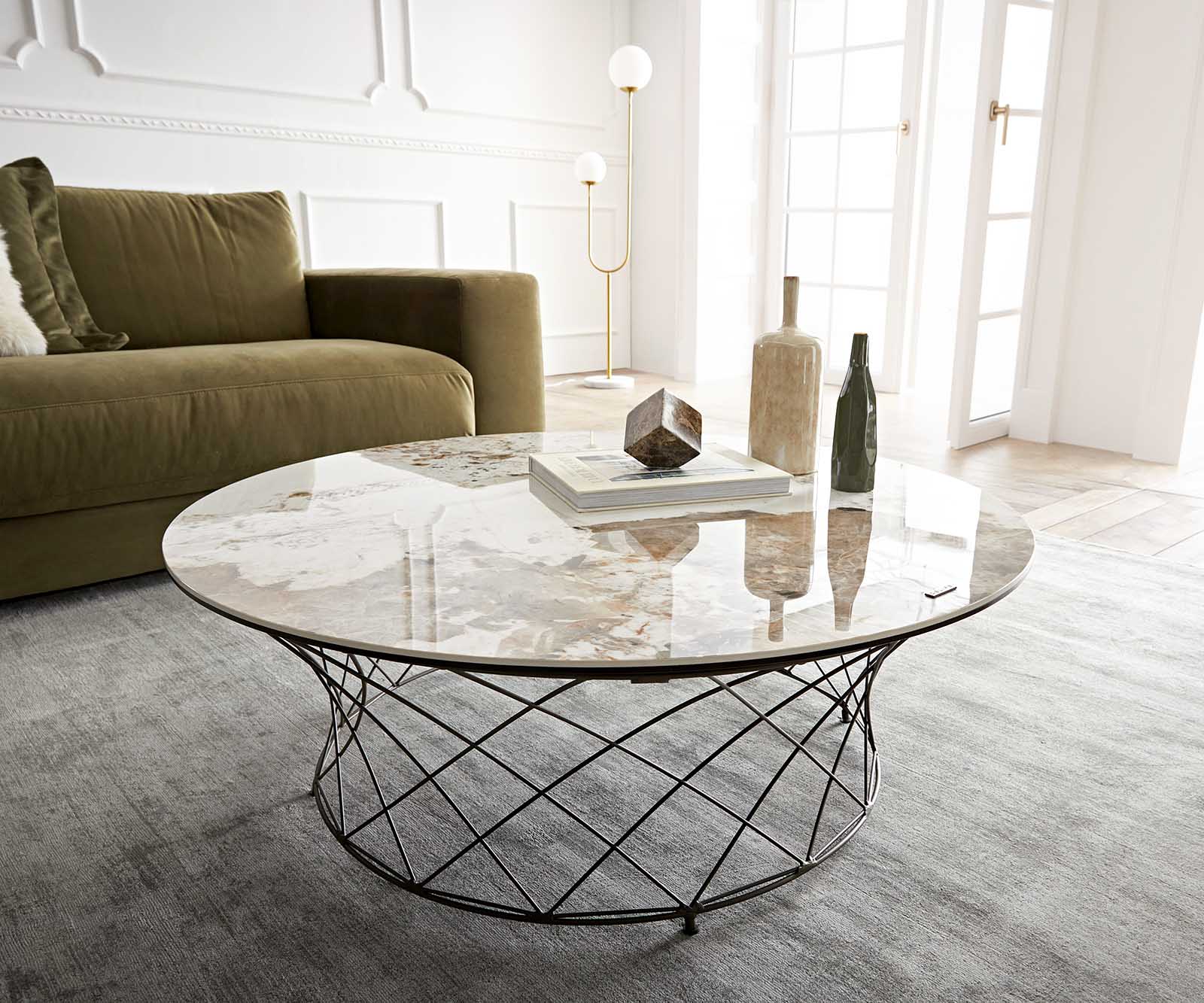 Table-basse Lassina 100x100 cm Céramique Minas Melange Blanc-Beige Piétement métal effet titane 2