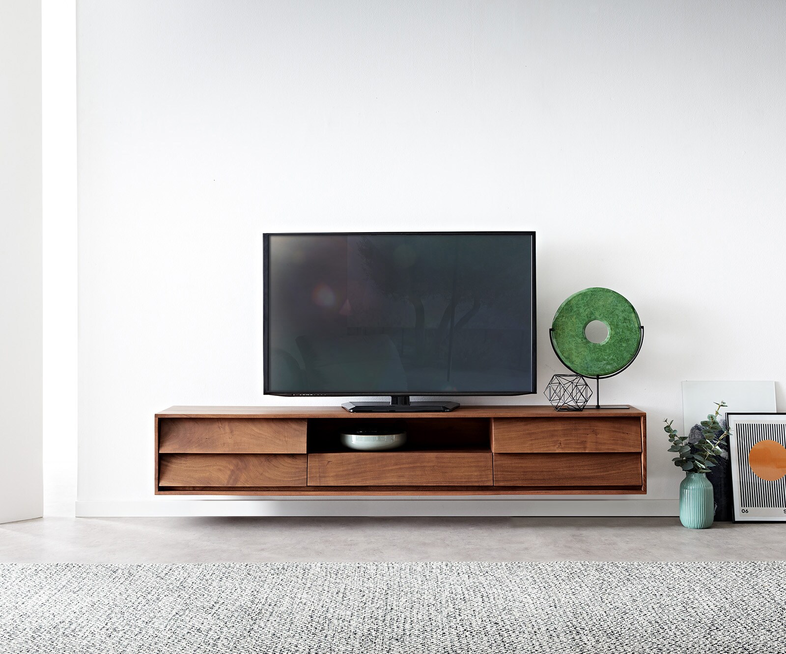 Meuble-TV Eloi 200x35 cm acacia marron 2 portes 1 tiroir flottant 2