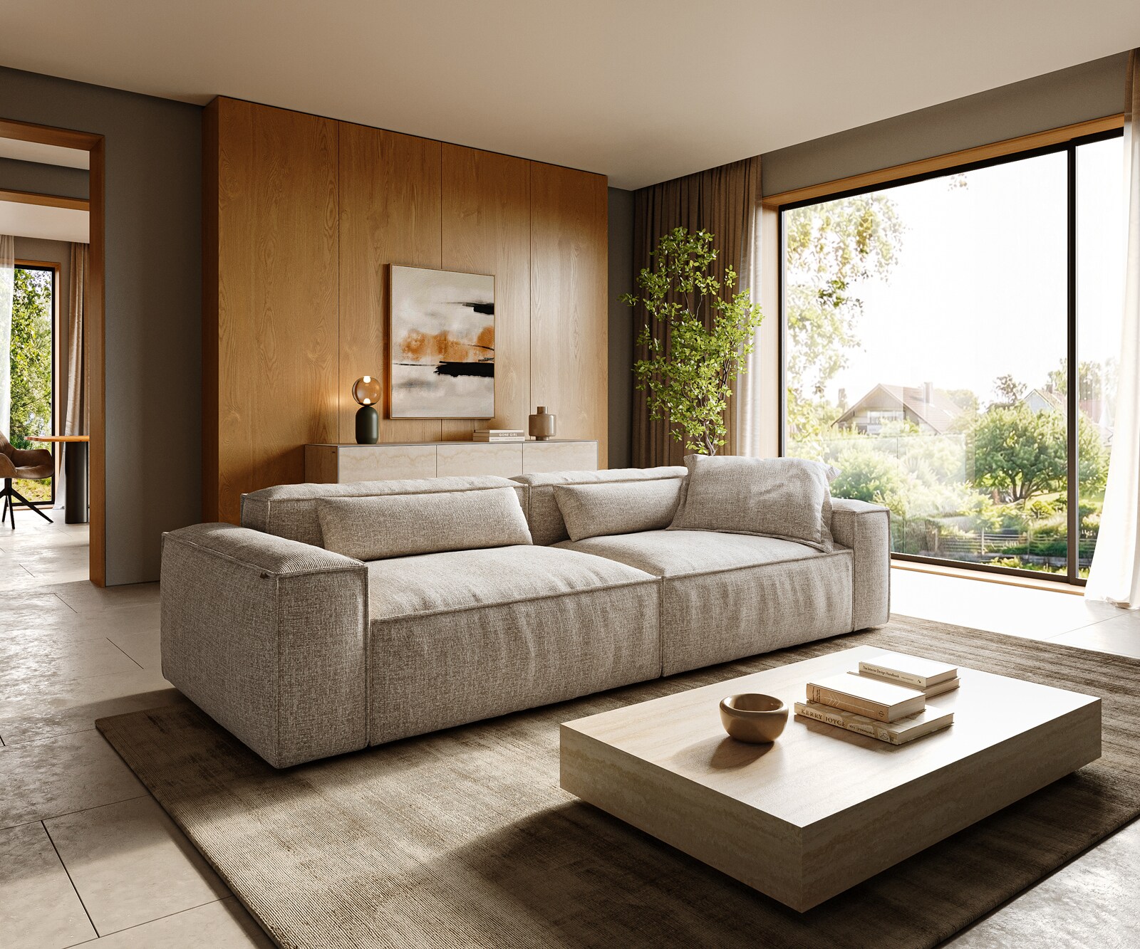 Grand canapé Freestyle Cozy 280x110 cm Tissu tissé beige doux