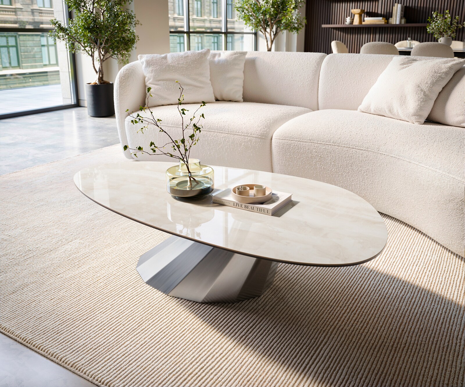 Table basse Edge ovale 140x75 cm céramique Onyx Champagne Parabi acier inoxydable brossé 3