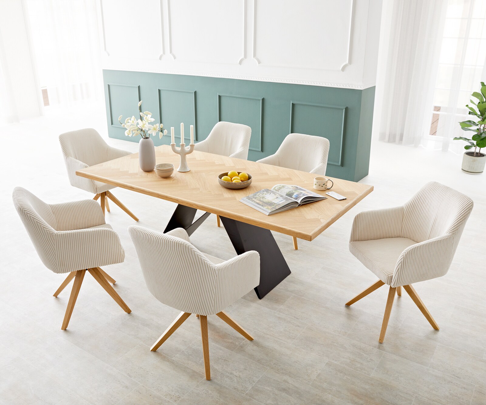 Chaise-de-salle-à-manger Greg-Flex côtelé beige vintage pied en bois angulaire naturel ressorts ensachés 4