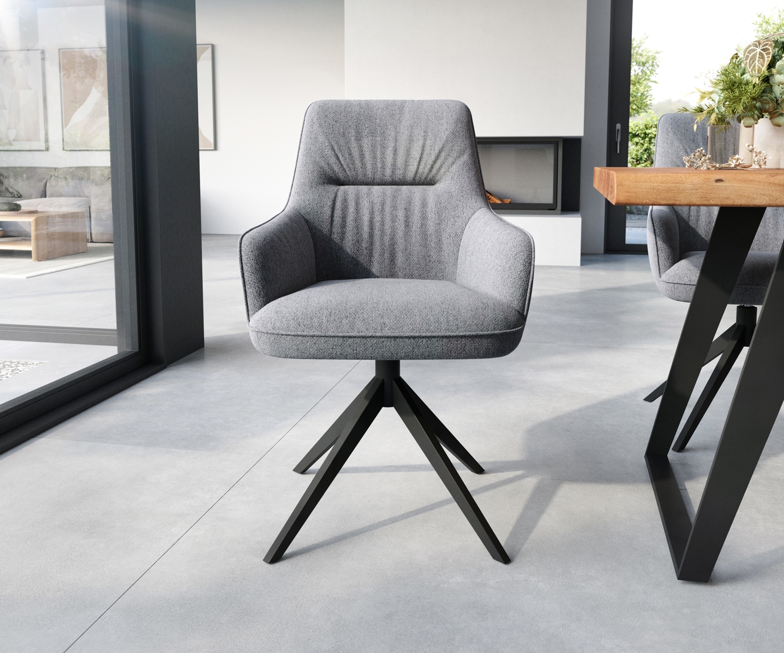 Esszimmerstuhl Zelia-Flex mit Armlehnen Strukturstoff Hellgrau Kreuzgestell breit Schwarz Taschenfederkern 2