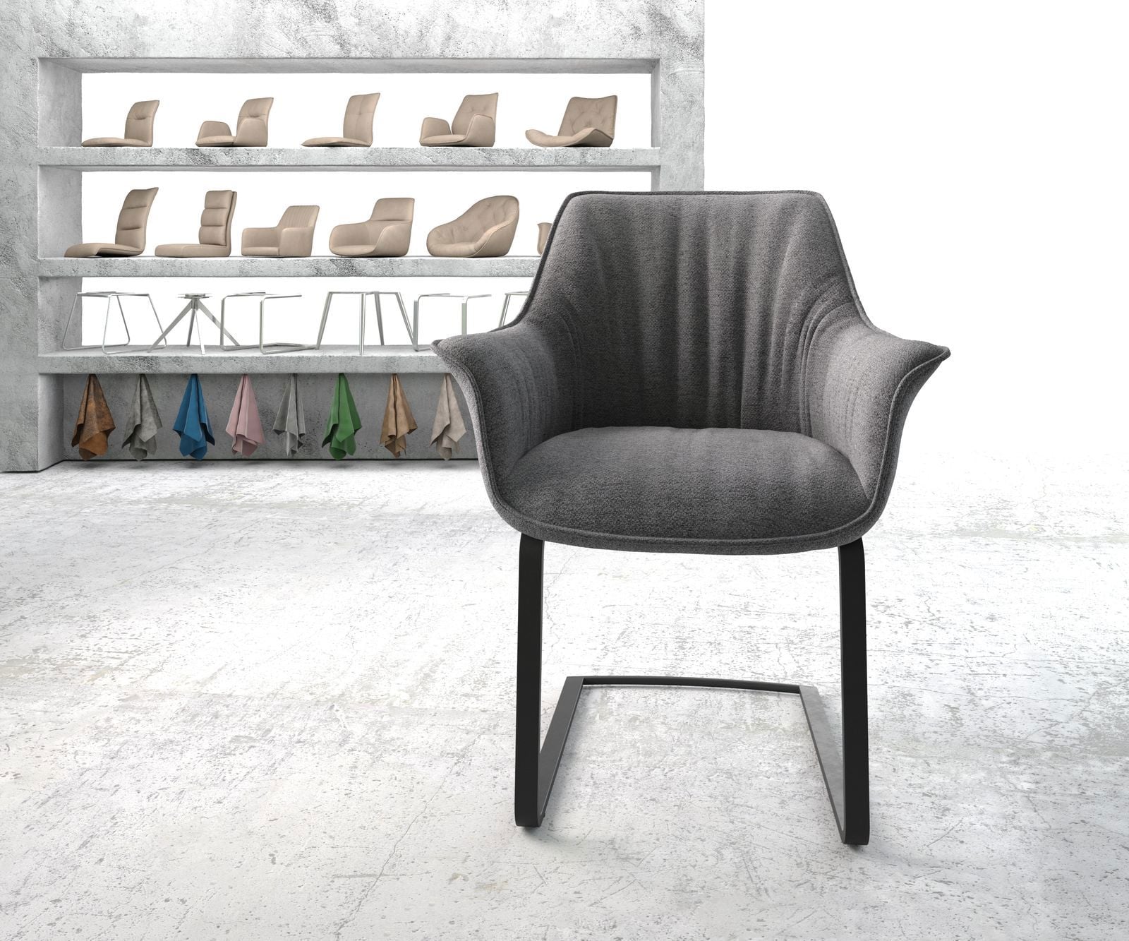 Freischwinger Keila-Flex mit Armlehnen Strukturstoff Hellgrau Freischwinger flach Schwarz 2