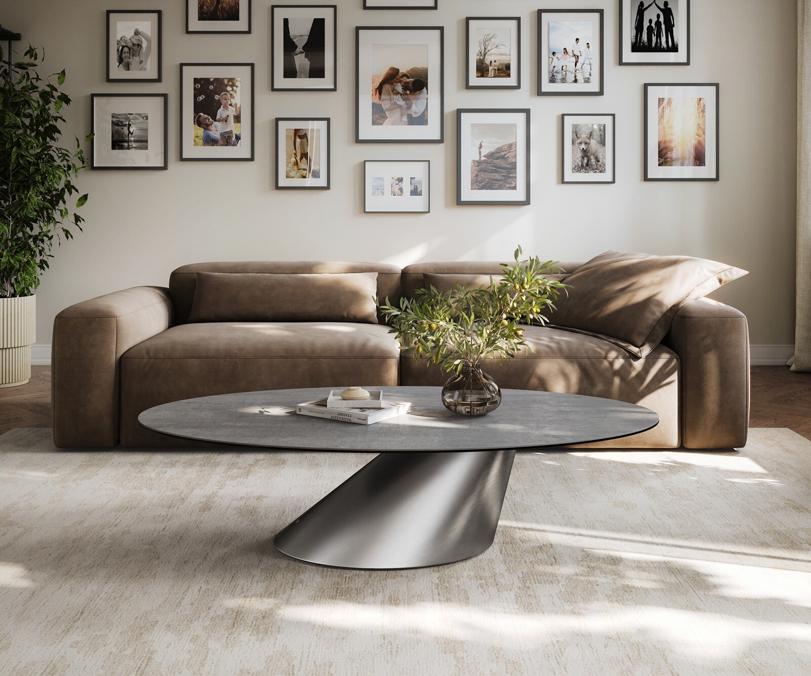 Couchtisch Edge Oval 135x80 cm Keramik Beton Grau Conis Edelstahl gebürstet 2