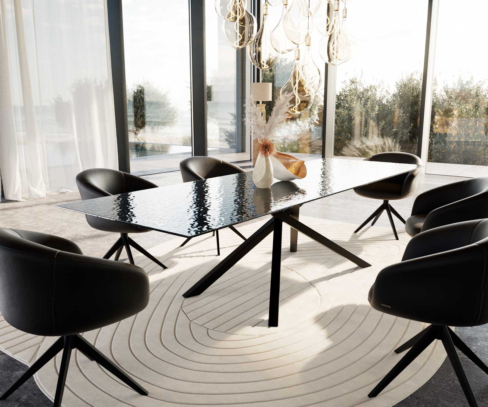 Esstisch Edge 300x100 Reliefglas Rauchschwarz 3D-Design Kreuzgestell Rechteck Schwarz 9