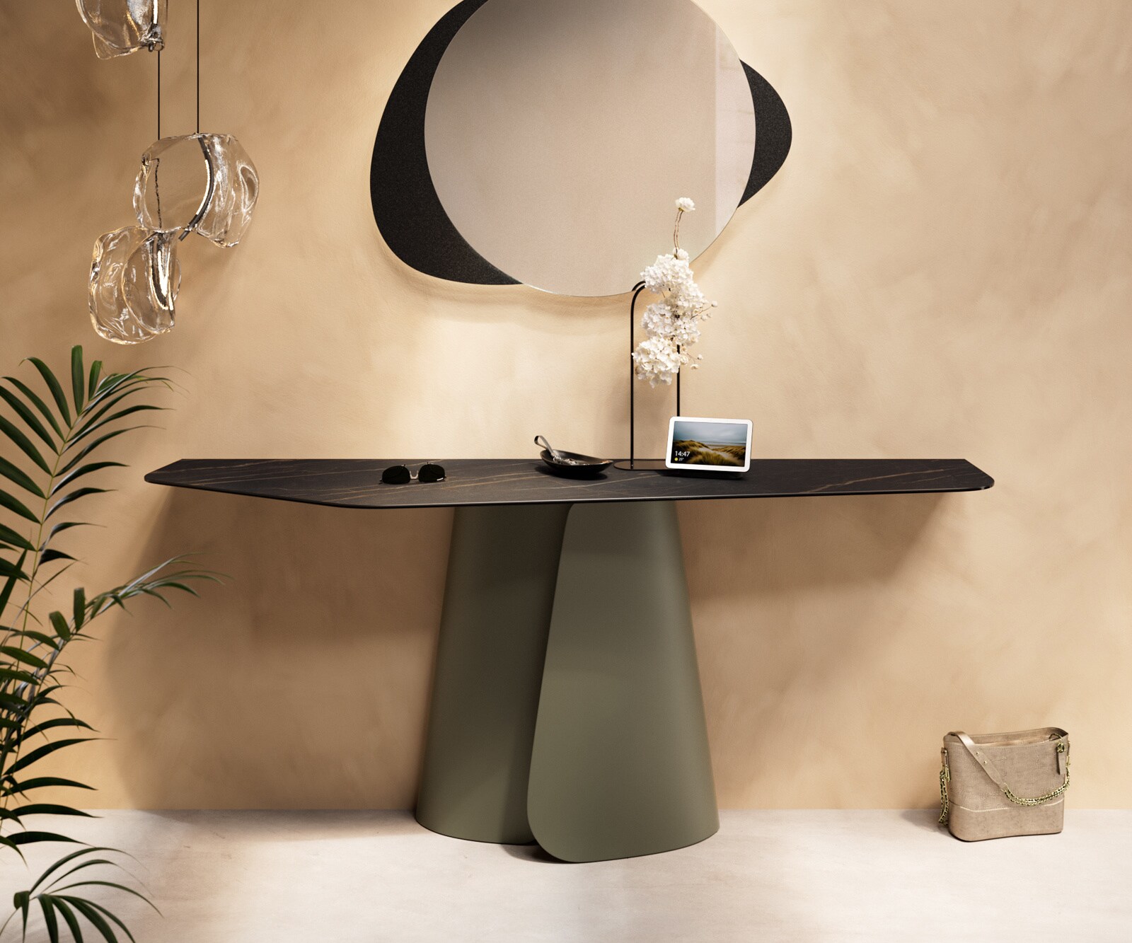Konsolentisch Edge Polygonal 180x50 cm Keramik Laminam® Noir Desir Braun Livos Metall Effektfinish Titan 1