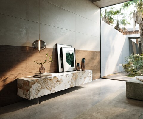 Meuble-TV Cuor 220 cm Céramique Minas Melange Blanc-beige 1 Clapet 2 Tiroirs Pied optique flottant Verre acrylique