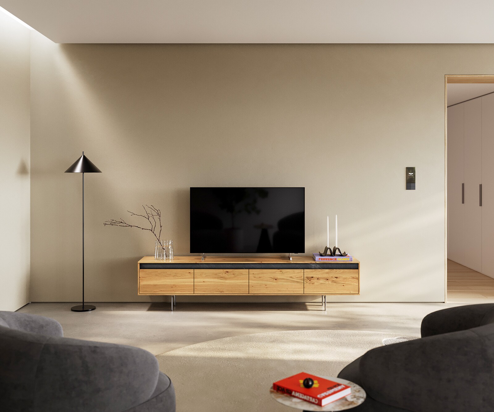 Designer-meuble-TV Stonegrace 200 cm Chêne Naturel Ardoise 4 tiroirs Pied Ovale Acier inoxydable 1