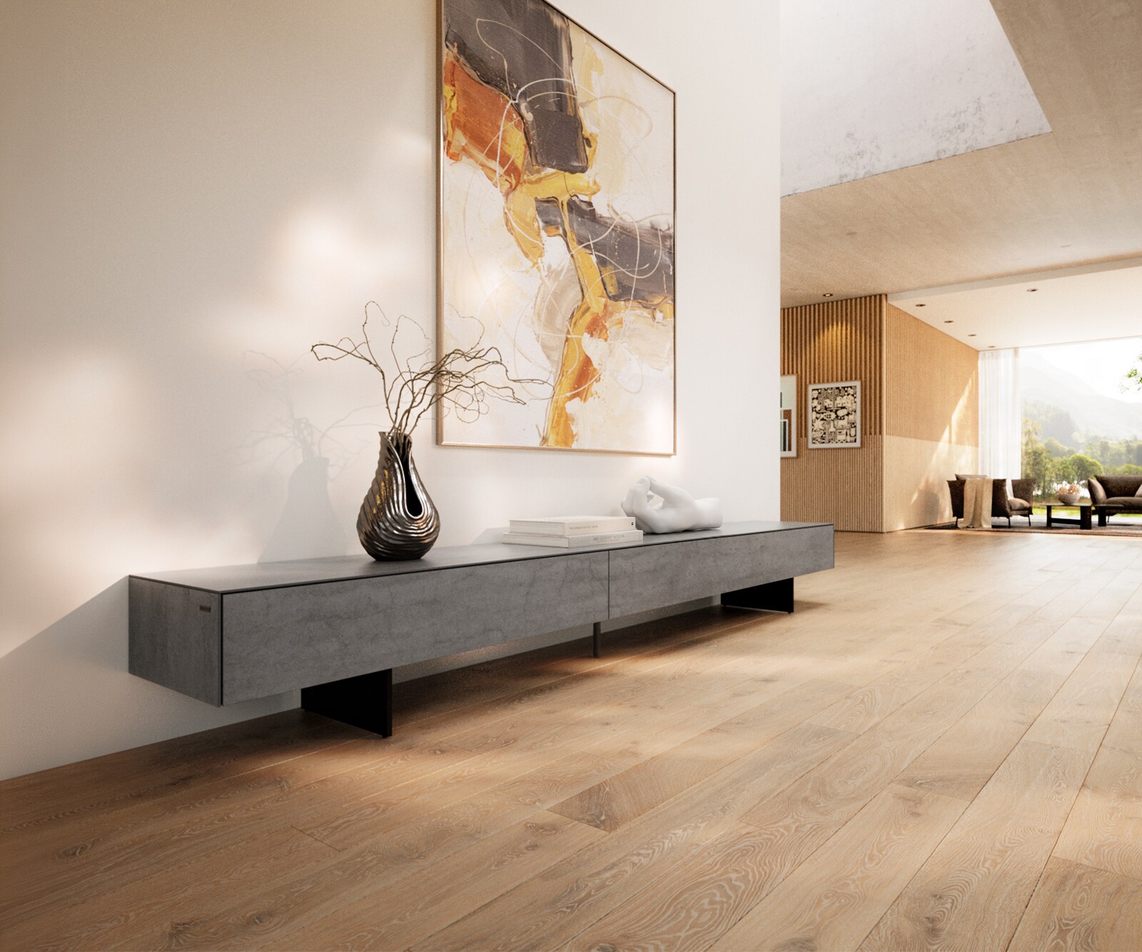 Lowboard Cuor 250 cm Keramik Beton Grau 1 Klappe 1 Schubfach Fuß Schwebeoptik Metall Schwarz