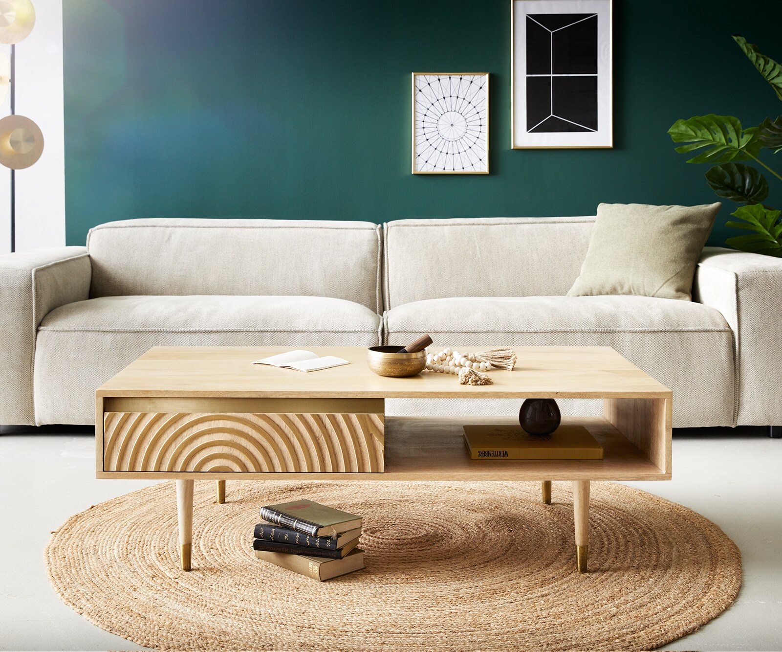 Couchtisch Budaya 115x60 cm Mango Natur 2 Schubfächer Fuß rund 1