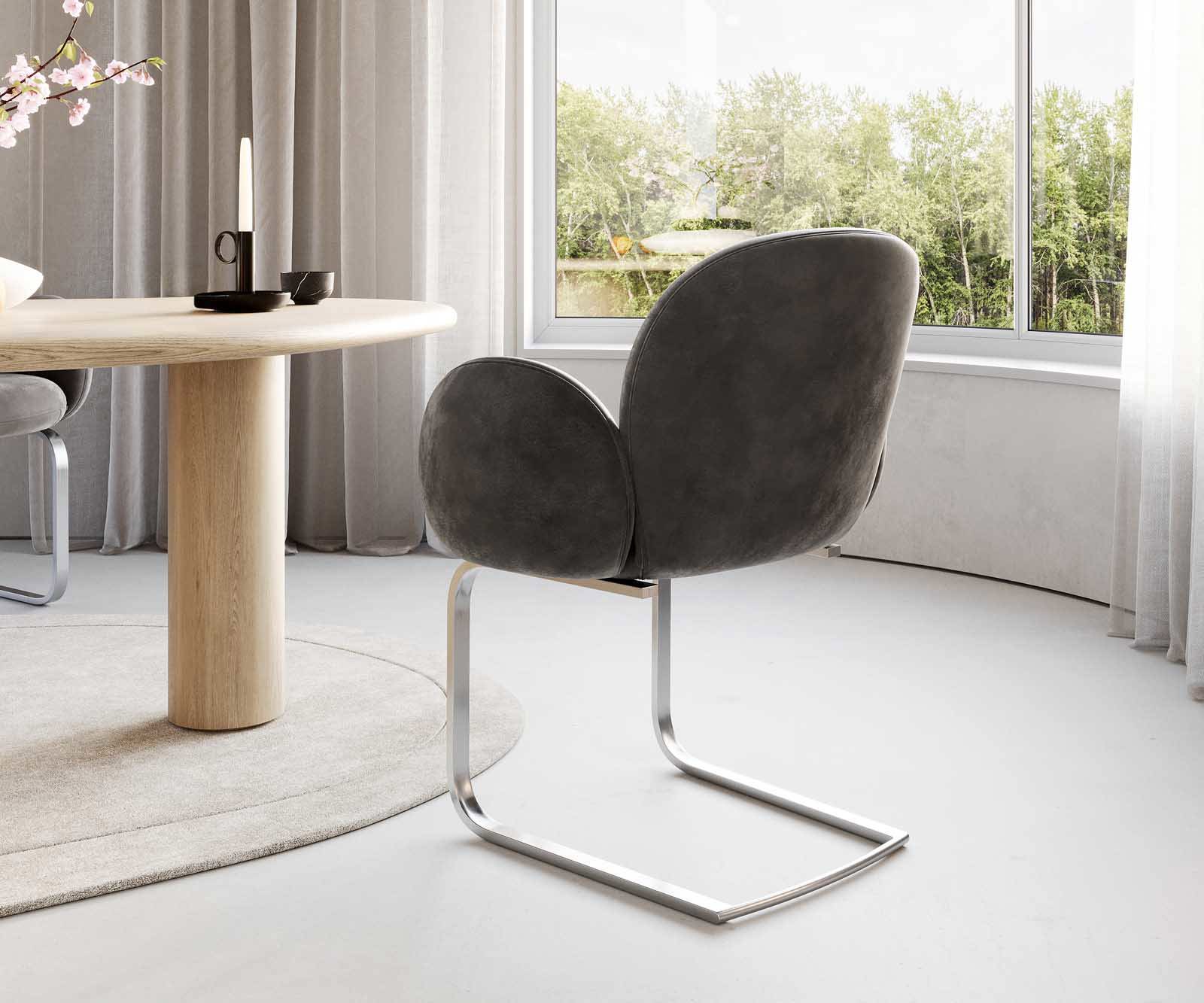 Cantilever Nube-Flex avec accoudoirs microvelours anthracite vintage pied cantilever plat acier inoxydable brossé ressorts ensachés 4