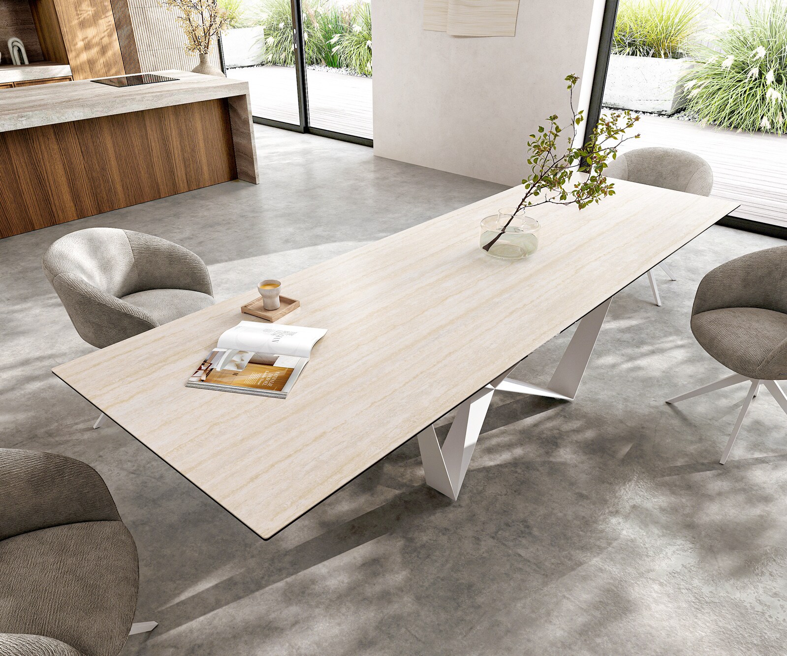 Table à manger Edge 300x100 céramique Laminam® Travertino Bianco crème-blanc Spider métal blanc 3