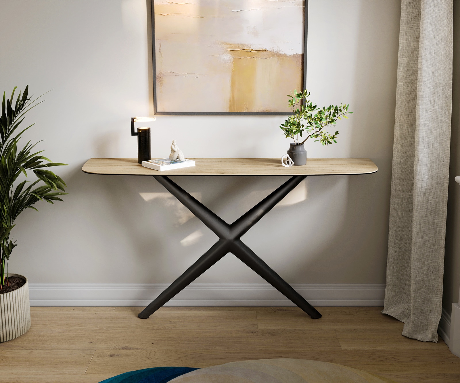 Konsolentisch Edge Boot 140x40 cm Keramik Laminam® Sabbia Eichefarbig Estelo Metall Schwarz 1