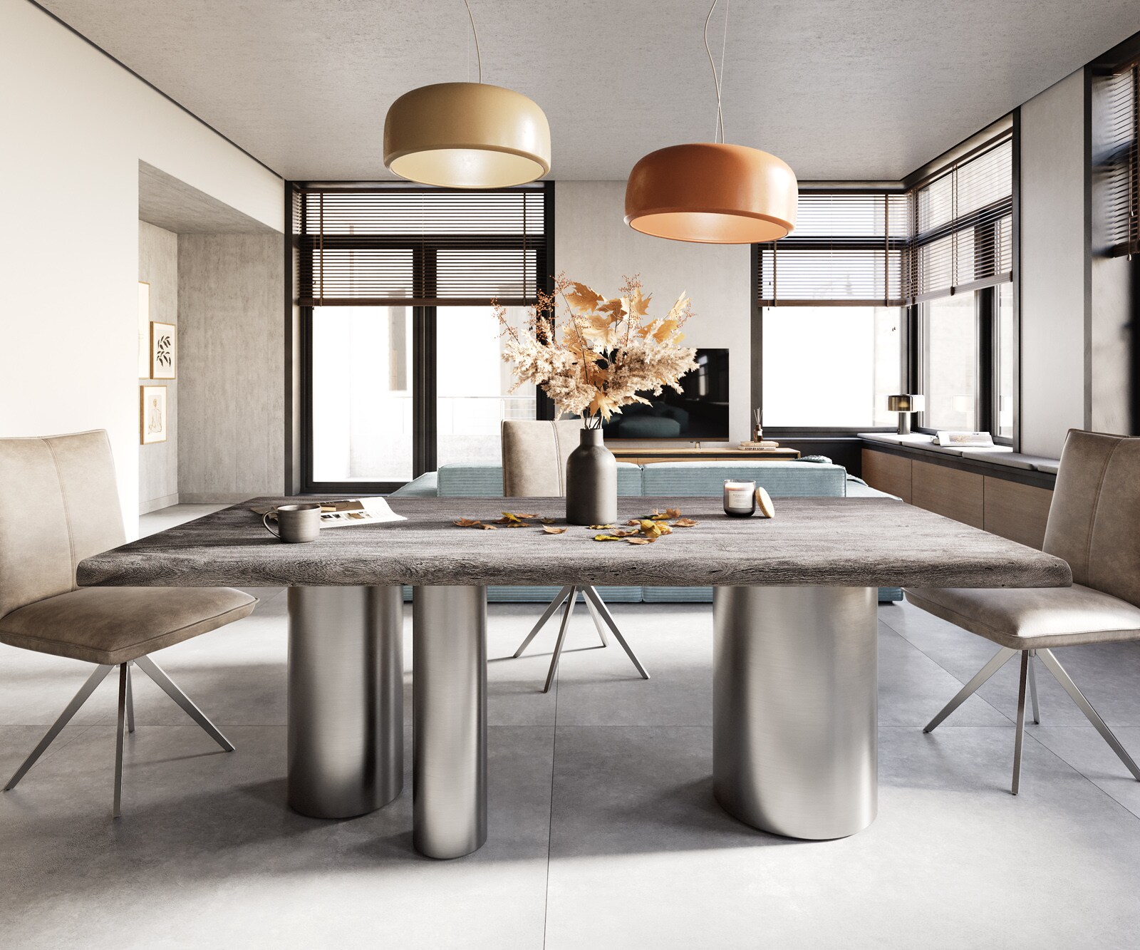 Esstisch Edge 200x100 XL Akazie Platin Troa Edelstahl gebürstet Live-Edge 1