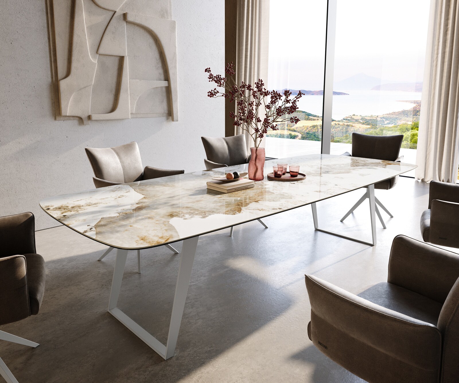 Esstisch Edge Boot 300x120 cm Keramik Minas Melange Weiß-Beige Metall Schräg Weiß
