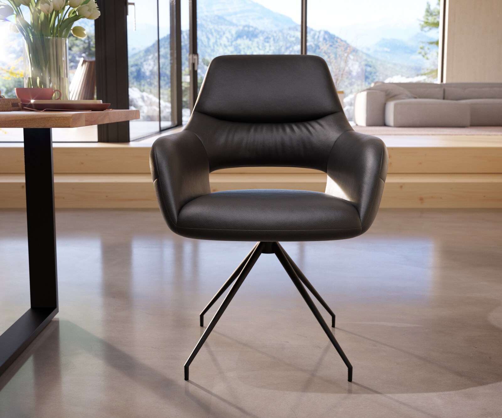 Esszimmerstuhl Yago-Flex mit Armlehnen Echt-Leder Schwarz Kreuzgestell konisch Schwarz Taschenfederkern 1 Esszimmerstuhl Yago-Flex mit Armlehnen Echt-Leder Schwarz Kreuzgestell konisch Schwarz Taschenfederkern 1