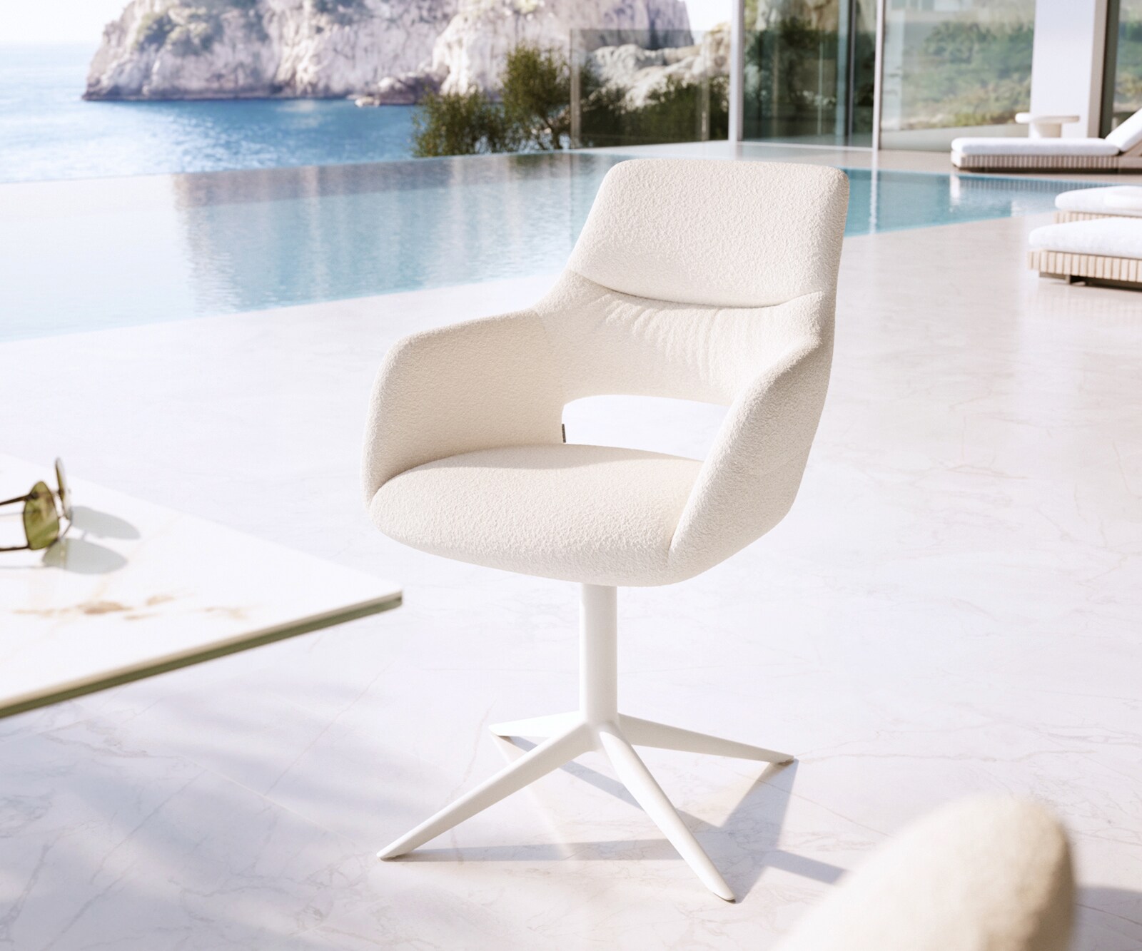 Chaise-d'extérieur Yago-Flex avec accoudoirs bouclé blanc pied de chaise 4 branches blanc pivotement sur 360° fonction bascule