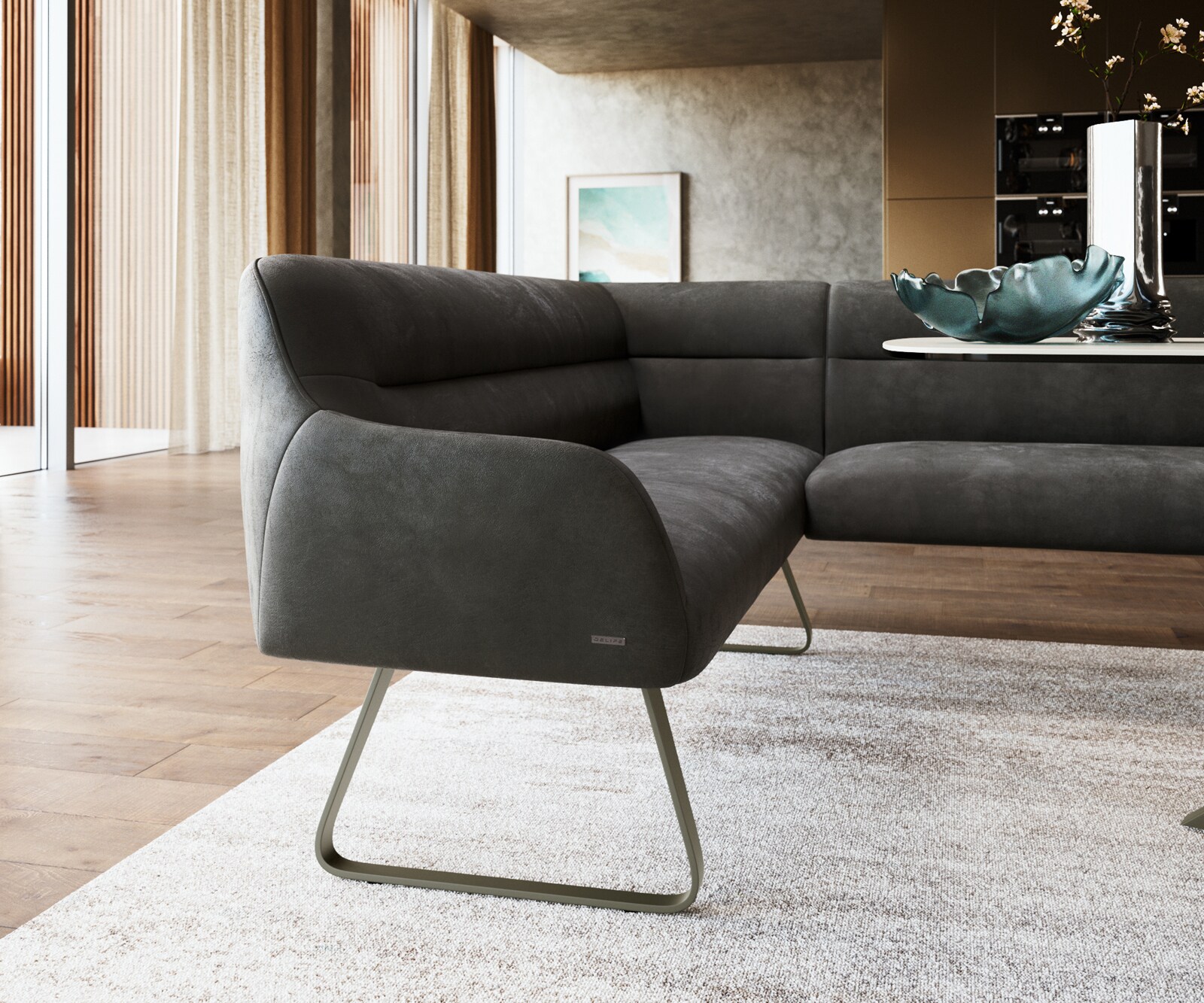 Esszimmerbank Taya-Flex 285x190 cm Mikrofaser Anthrazit Vintage Kufengestell flach Effektfinish Titan Taschenfederkern Rechts 5