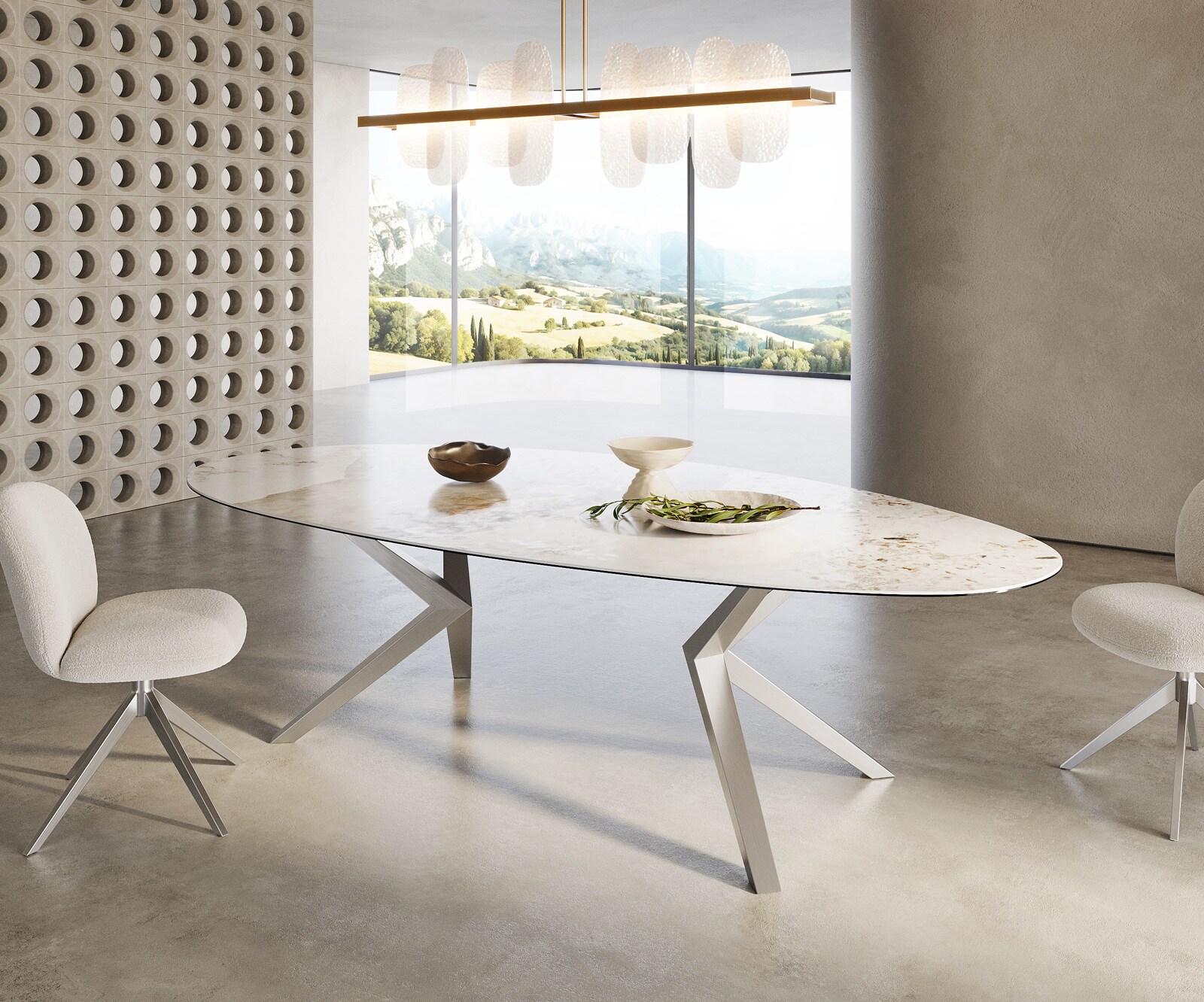 Table à manger Edge Ovale 280x130 Céramique Minas Melange Blanc-Beige Zenthara anguleux Acier inoxydable 3