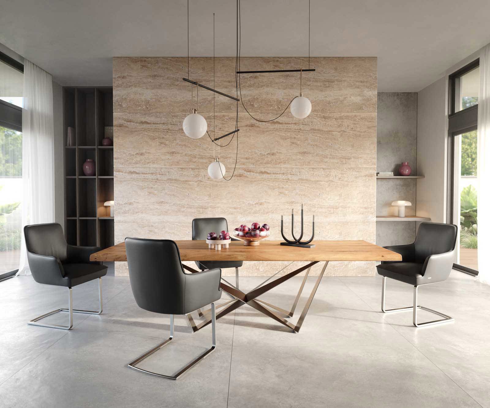 Cantilever Heira-Flex avec accoudoirs cuir de vache noir pied cantilever plat acier inoxydable brossé ressorts ensachés 4