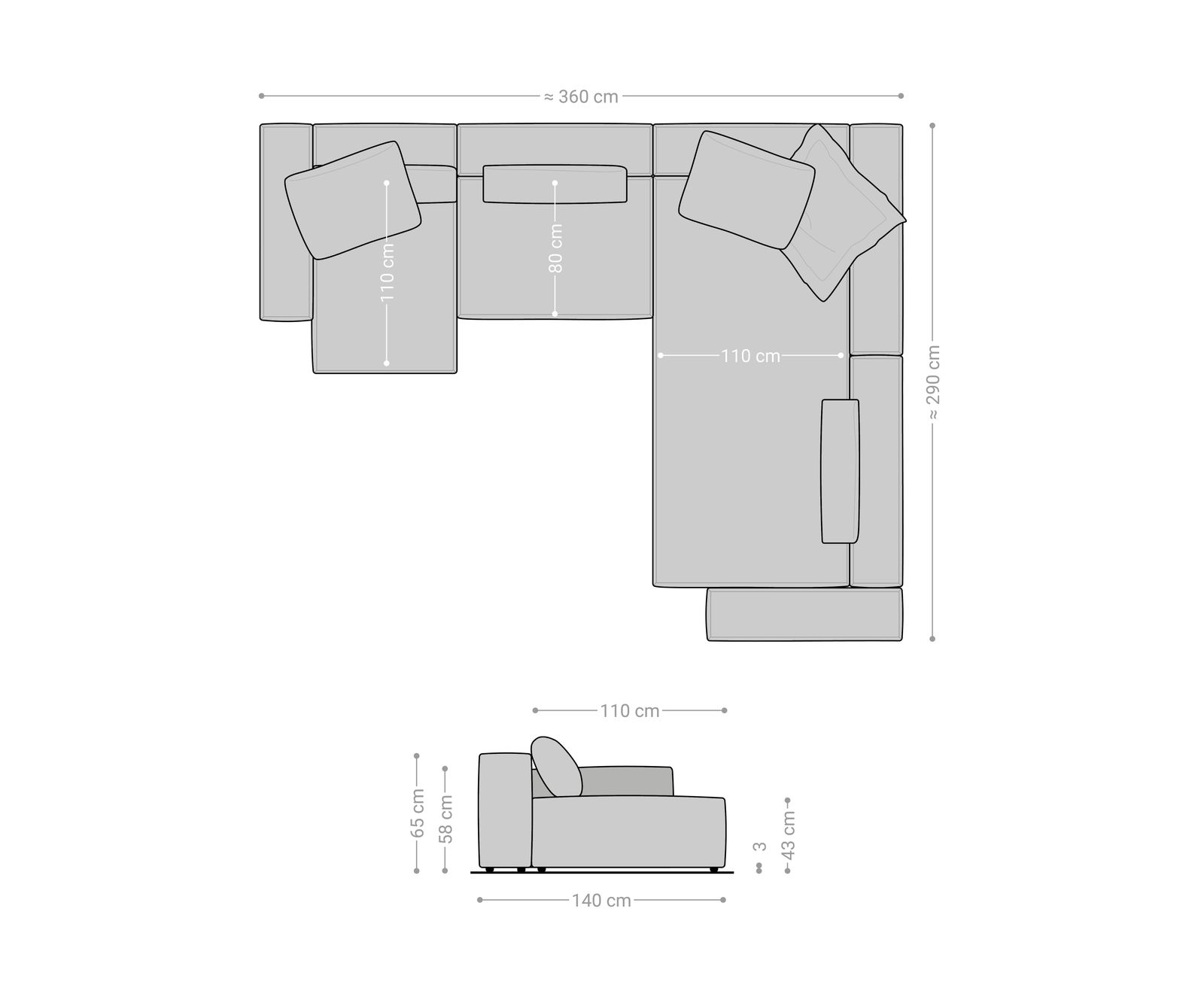Wohnlandschaft Freestyle 360x290 cm Strukturstoff Soft Grau Gesteppt 7