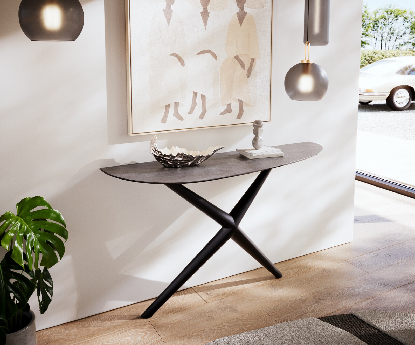 Konsolentisch Edge Oval 140x40 cm Keramik Beton Grau Estelo Metall Schwarz 1