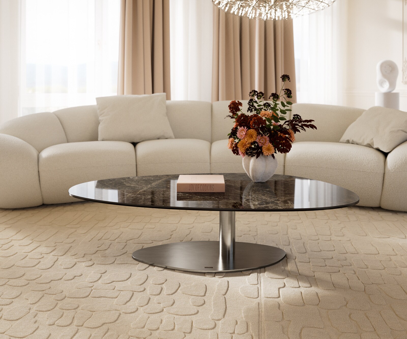 Table basse Edge Oval 140x75 cm céramique Laminam® Emperador Extra Lucidato brun foncé Vibany acier inoxydable brossé 1