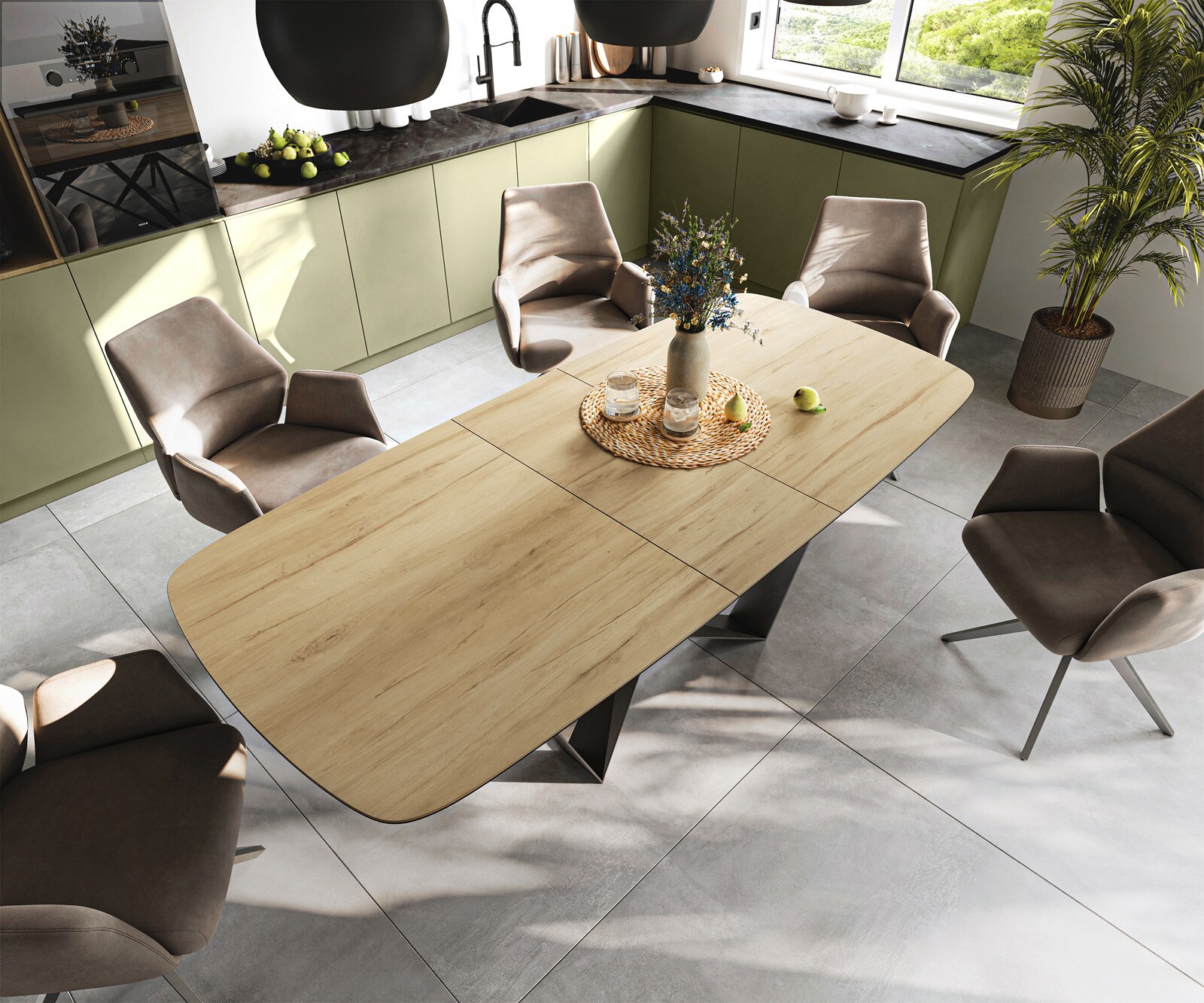 Esstisch Edge Boot 180-220x100 cm Keramik Laminam® Sabbia Eichefarbig Spider Flachstahl Edelstahl Graphit ausziehbar 2
