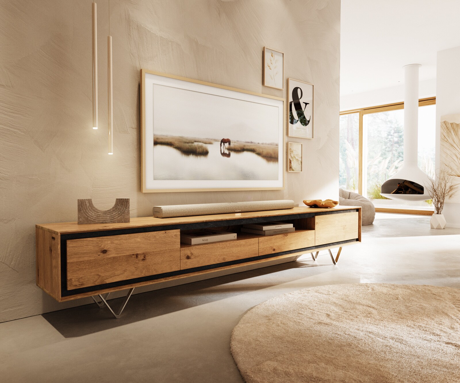 Meuble-TV Stonegrace 240 cm chêne naturel 2 portes 1 compartiment 2 tiroirs placage pierre pied en V inoxydable