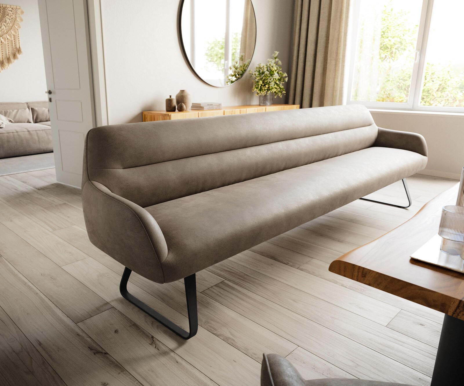 Banc-de-salle-à-manger Taya-Flex 300 cm microfibre taupe vintage châssis à patins plat noir ressort ensaché