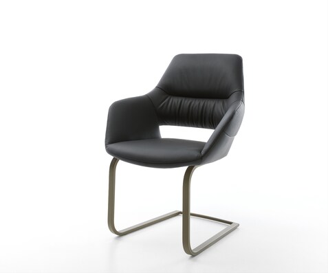 Cantilever Yago-Flex avec accoudoirs cuir de vache noir pied cantilever plat aspect titane ressorts ensachés