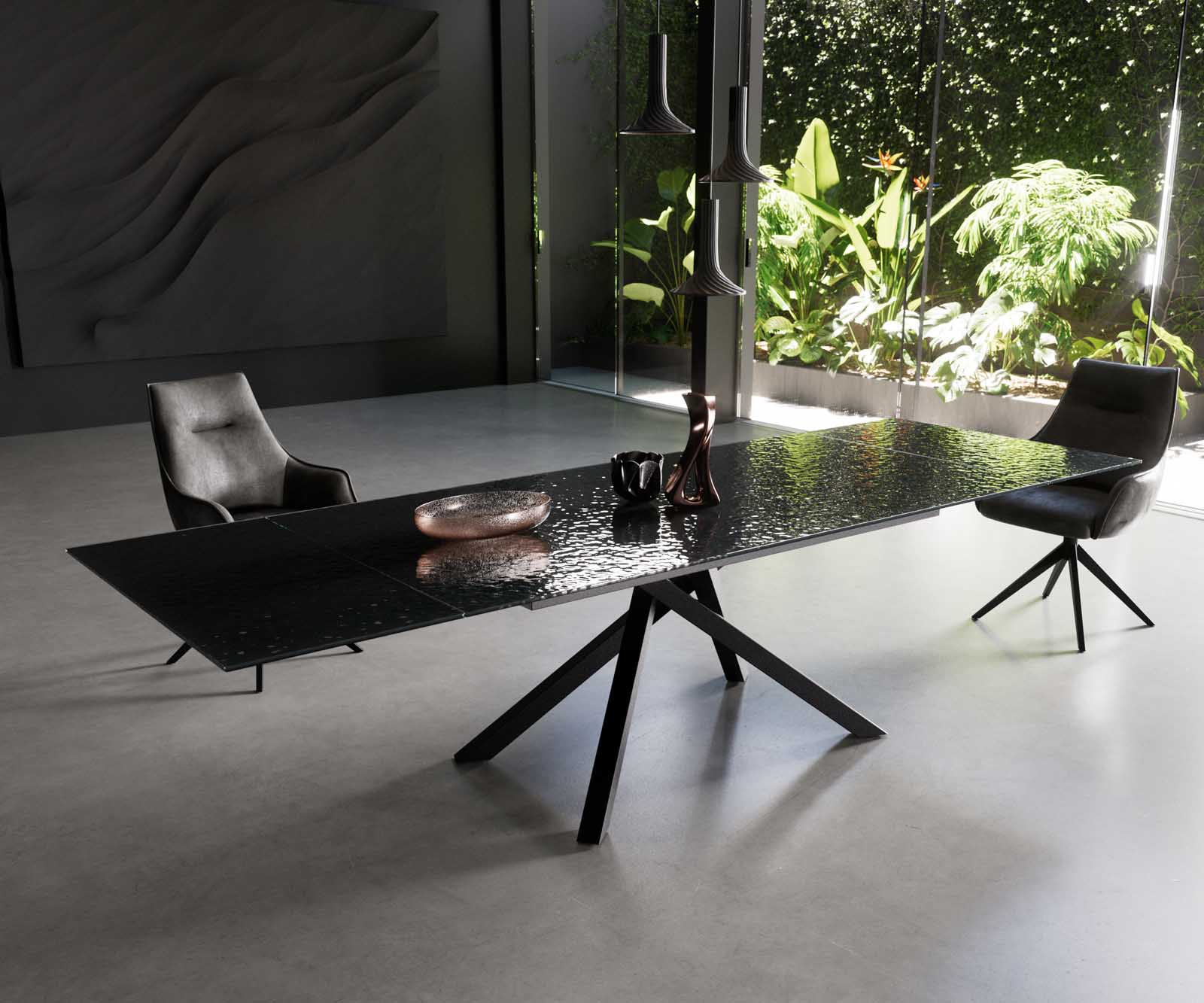 Esstisch Edge 200-300x100 Reliefglas Rauchschwarz 3D-Design Kreuzgestell Rechteck Schwarz ausziehbar 1