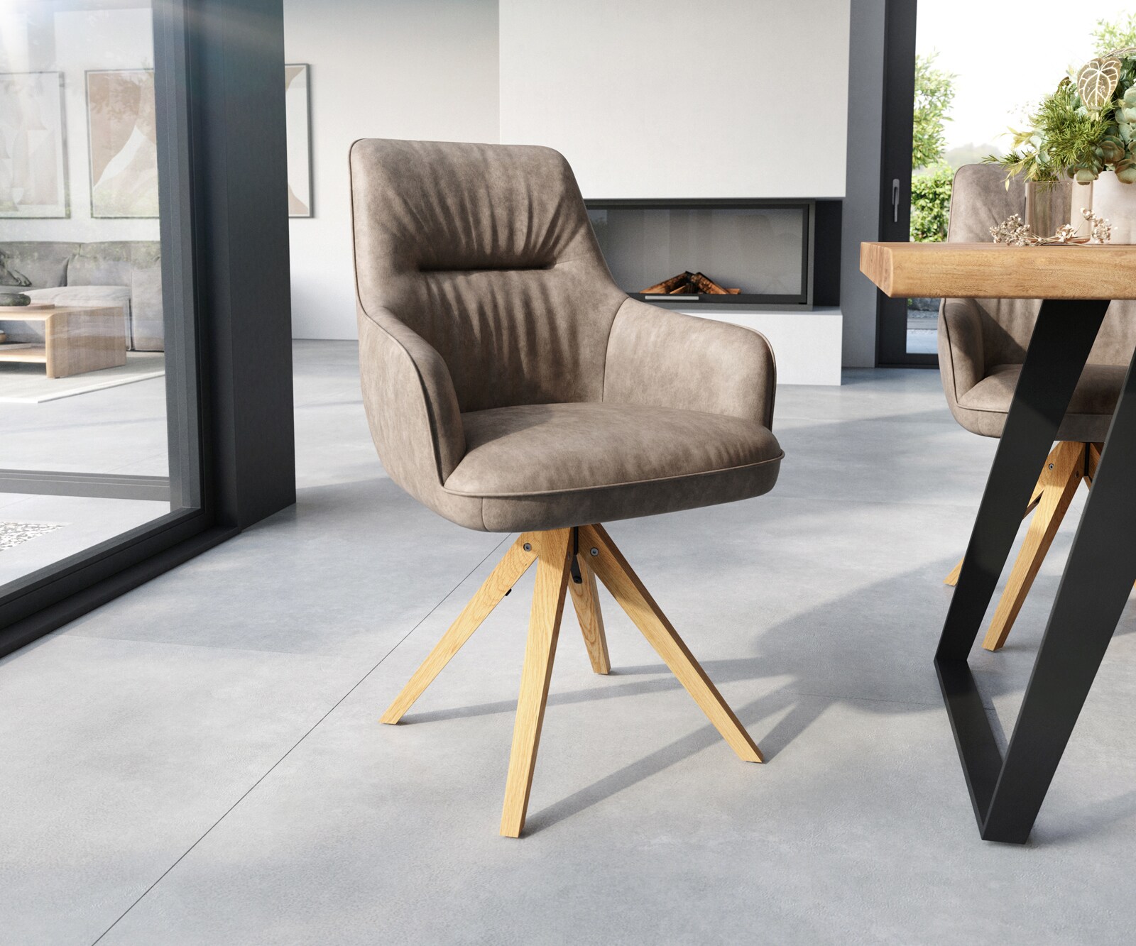 Esszimmerstuhl Zelia-Flex mit Armlehnen Mikrofaser Taupe Vintage Holzgestell kantig Natur Taschenfederkern