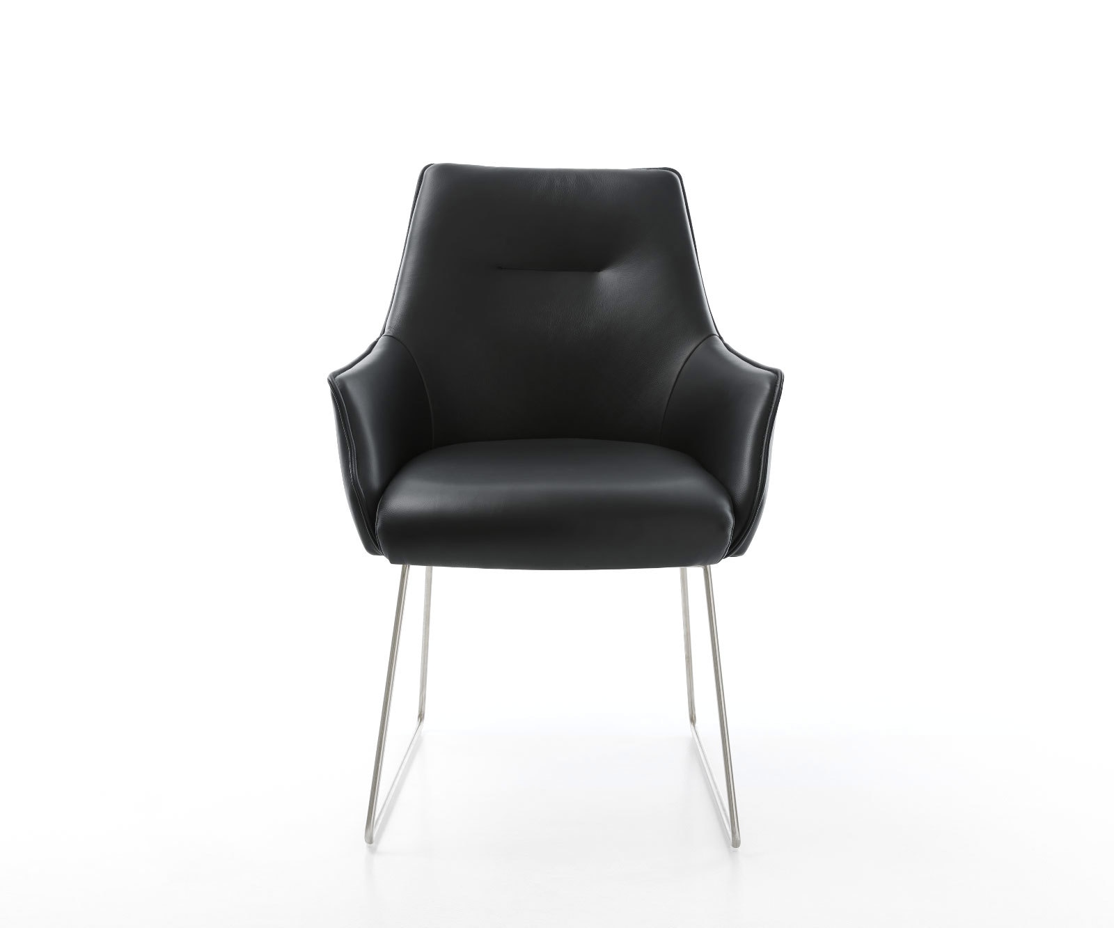 Chaise-de-salle-à-manger Alja-Flex avec accoudoirs cuir de vache noir pied trapèze acier inoxydable brossé ressorts ensachés 2 Chaise-de-salle-à-manger Alja-Flex avec accoudoirs cuir de vache noir pied trapèze acier inoxydable brossé ressorts ensachés 2