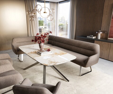 Banc-de-salle-à-manger Taya-Flex 285x190 cm tissu structuré doux taupe châssis à patins plat acier inoxydable ressort ensaché liens