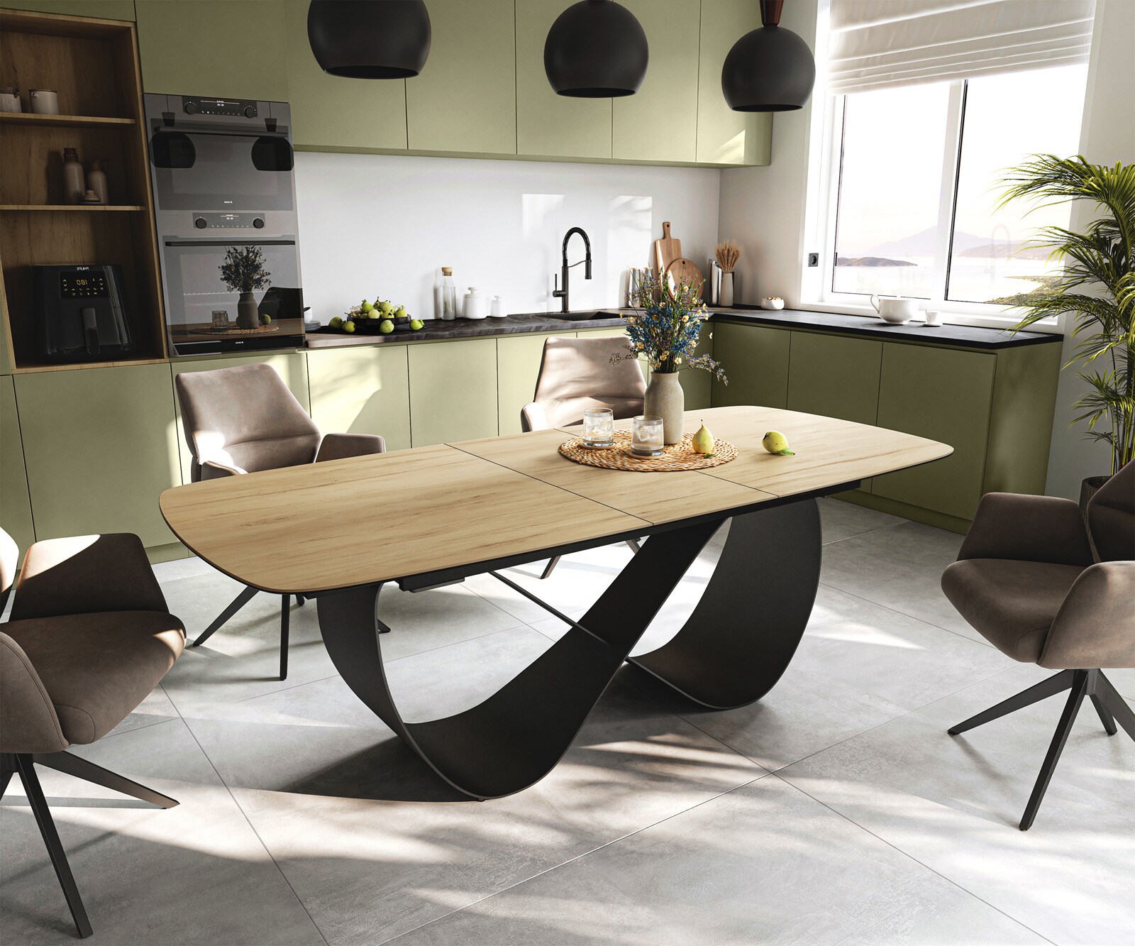 Table à manger Edge Boot 180-220x100 cm Céramique Laminam® Sabbia Eichefarbig Infinity Métal Noir extensible 1