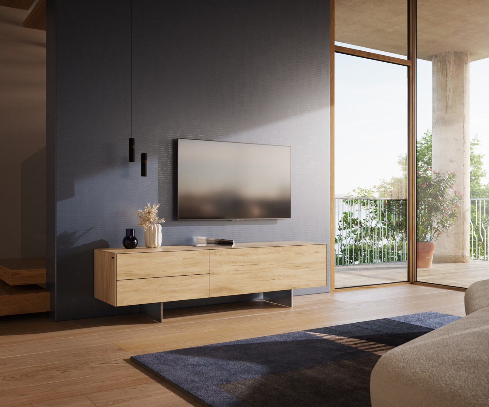 Meuble-TV Cuor 180 cm Céramique Laminam® Sabbia Teinte chêne 1 Clapet 2 Tiroirs Pied optique flottant Ancier inoxydable 1