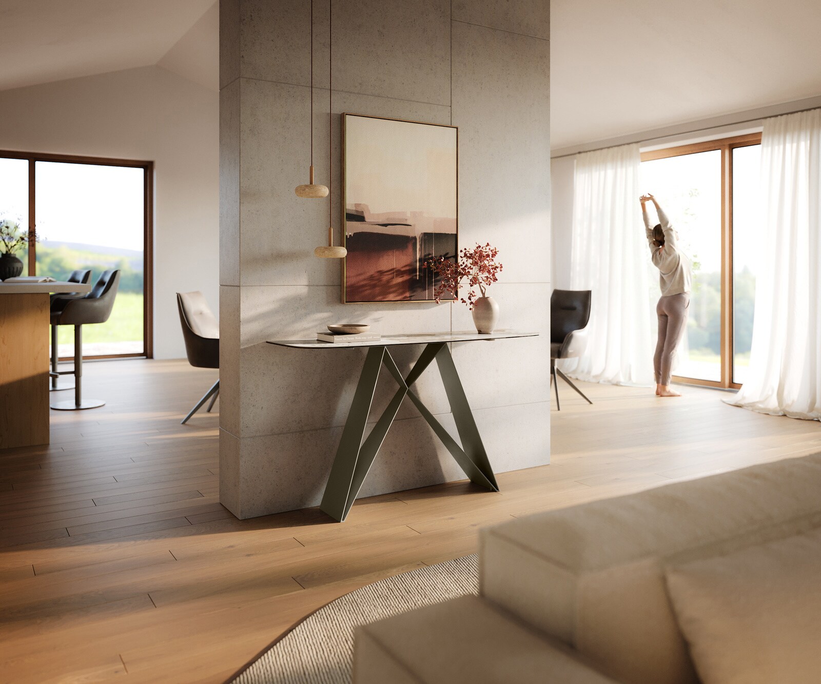 Console Edge forme bateau 140x40 cm Céramique Minas Melange Weiß-Beige Velio Métal Effektfinish Titan 7