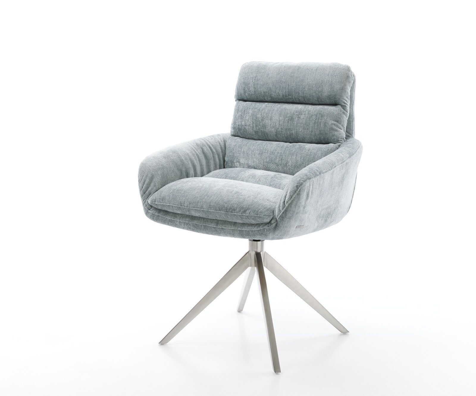 Drehstuhl Abelia-Flex mit Armlehnen Chenille Pastellblau Kreuzgestell breit Edelstahl 360° drehbar Wippfunktion