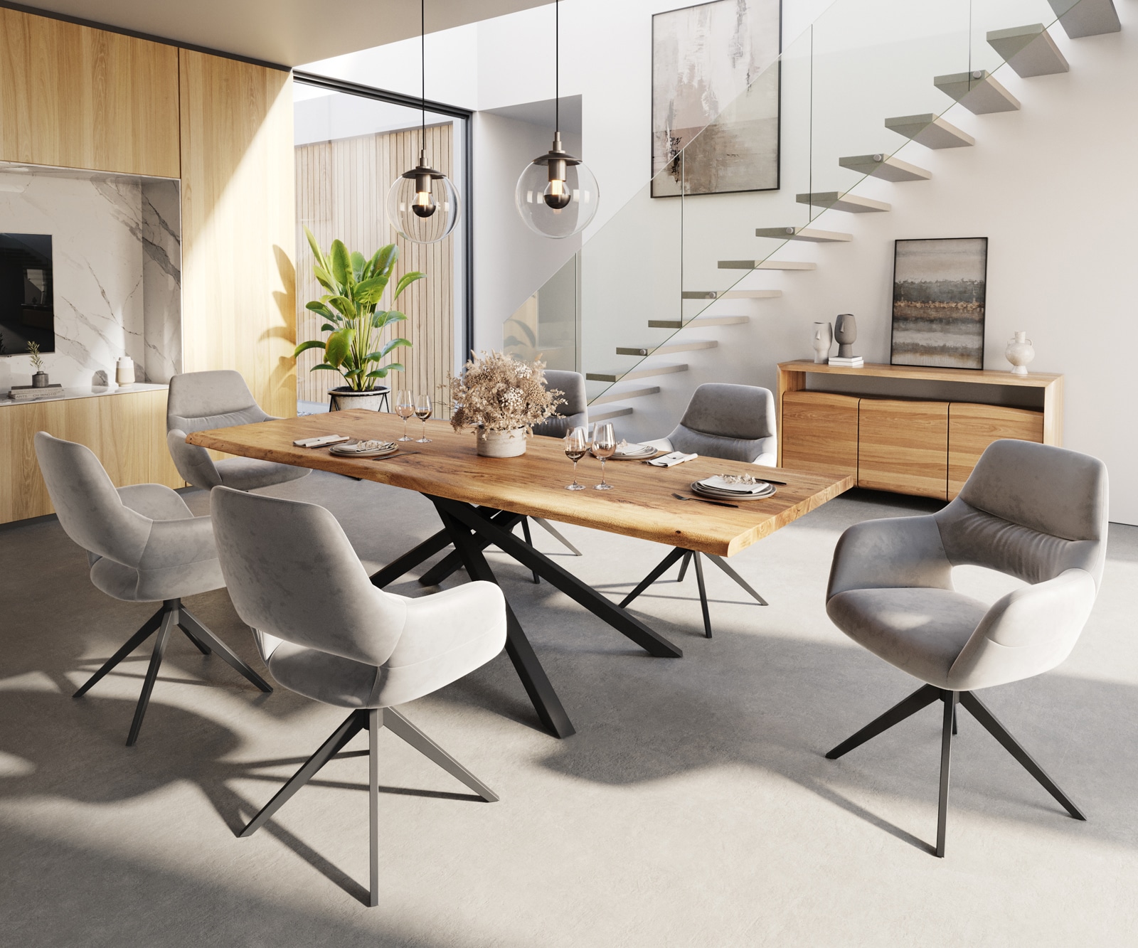 Esszimmerstuhl Yago-Flex mit Armlehnen Samt Grau Kreuzgestell breit Schwarz Taschenfederkern 3 Esszimmerstuhl Yago-Flex mit Armlehnen Samt Grau Kreuzgestell breit Schwarz Taschenfederkern 3