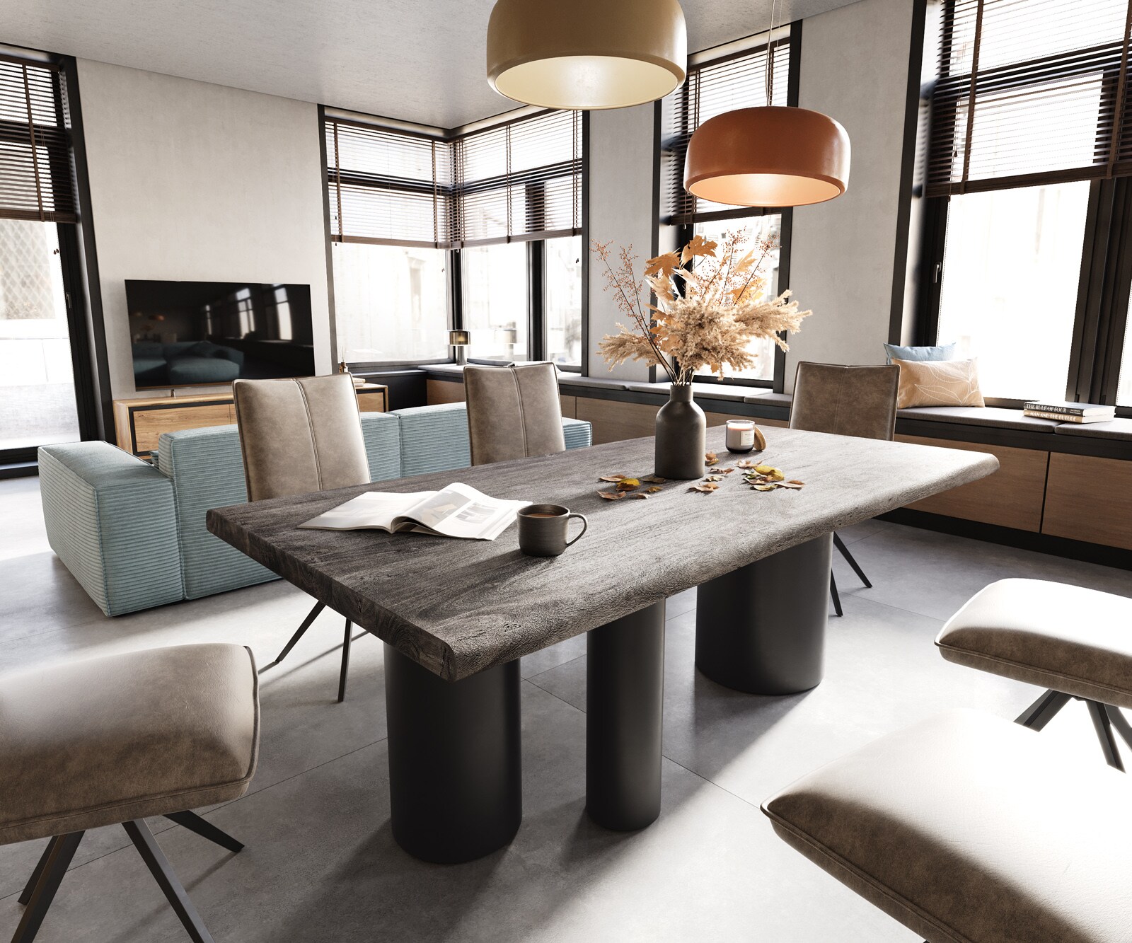 Table à manger Edge 200x100 XL acacia platine Troa métal noir Live-Edge 1
