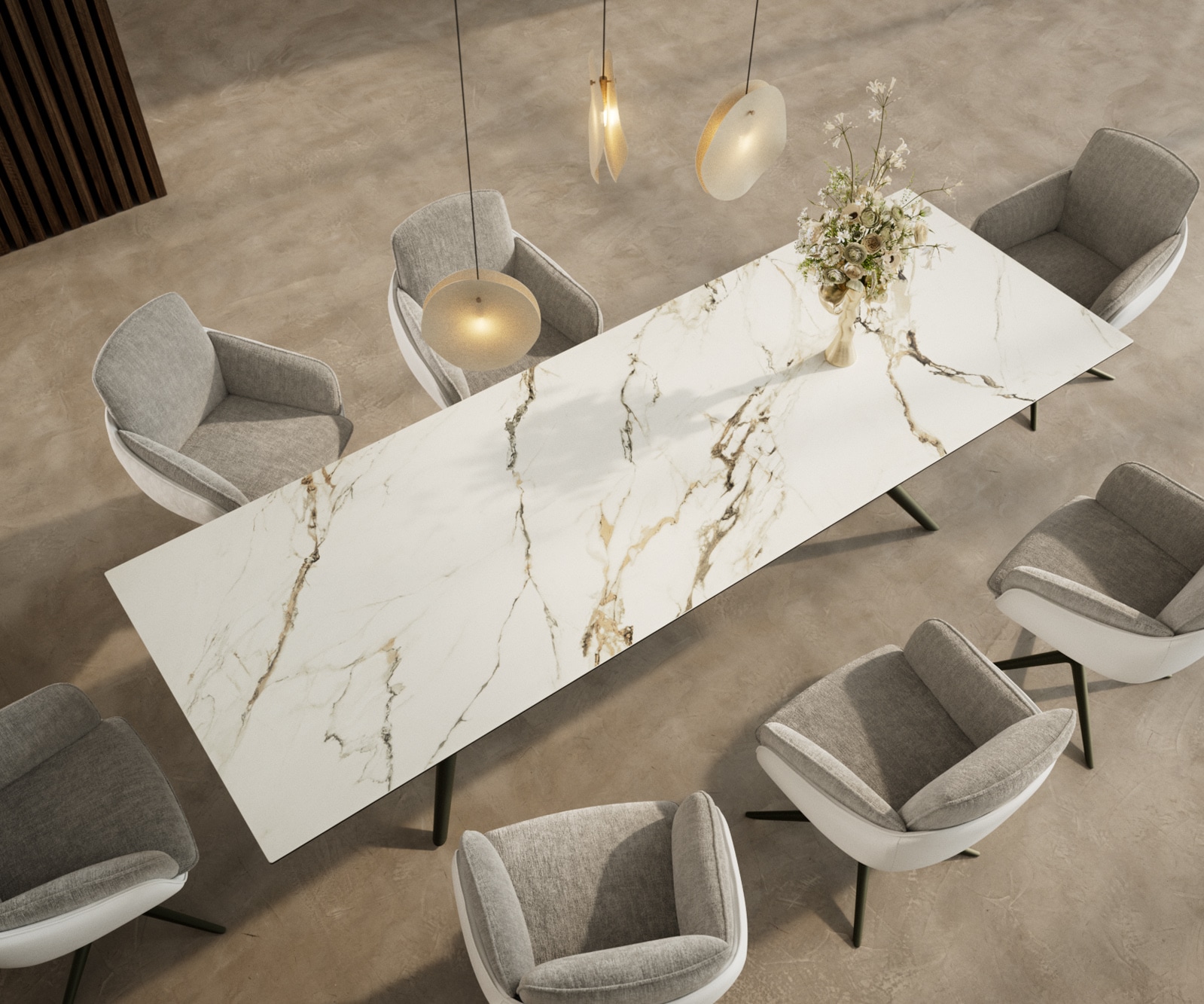 Esstisch Edge 300x100 Keramik Calacatta Luxe Weiß-Gold-Grau Estelar rund Metall Effektfinish Titan 3 Esstisch Edge 300x100 Keramik Calacatta Luxe Weiß-Gold-Grau Estelar rund Metall Effektfinish Titan 3