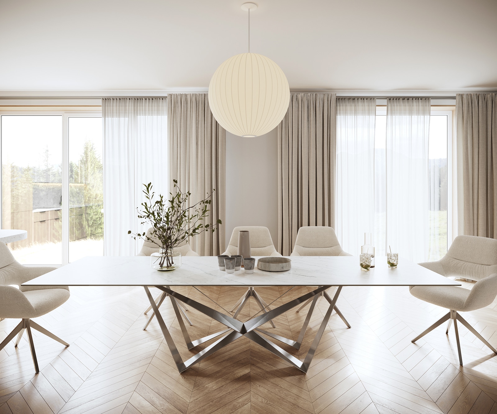 Table-à-manger Edge 300x100cm Laminam® céramique blanc pieds milieu acier plat argent Table-à-manger Edge 300x100cm Laminam® céramique blanc pieds milieu acier plat argent