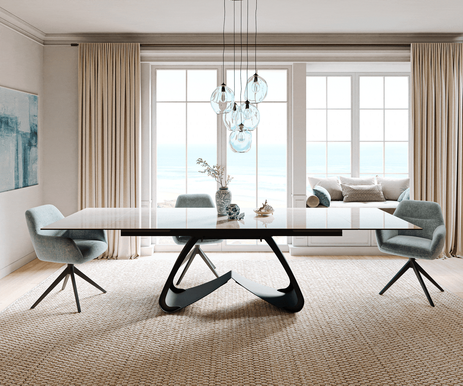 Esstisch Edge 200-300x100 cm Keramik Onyx Champagne W-Gestell Metall Schwarz ausziehbar 1