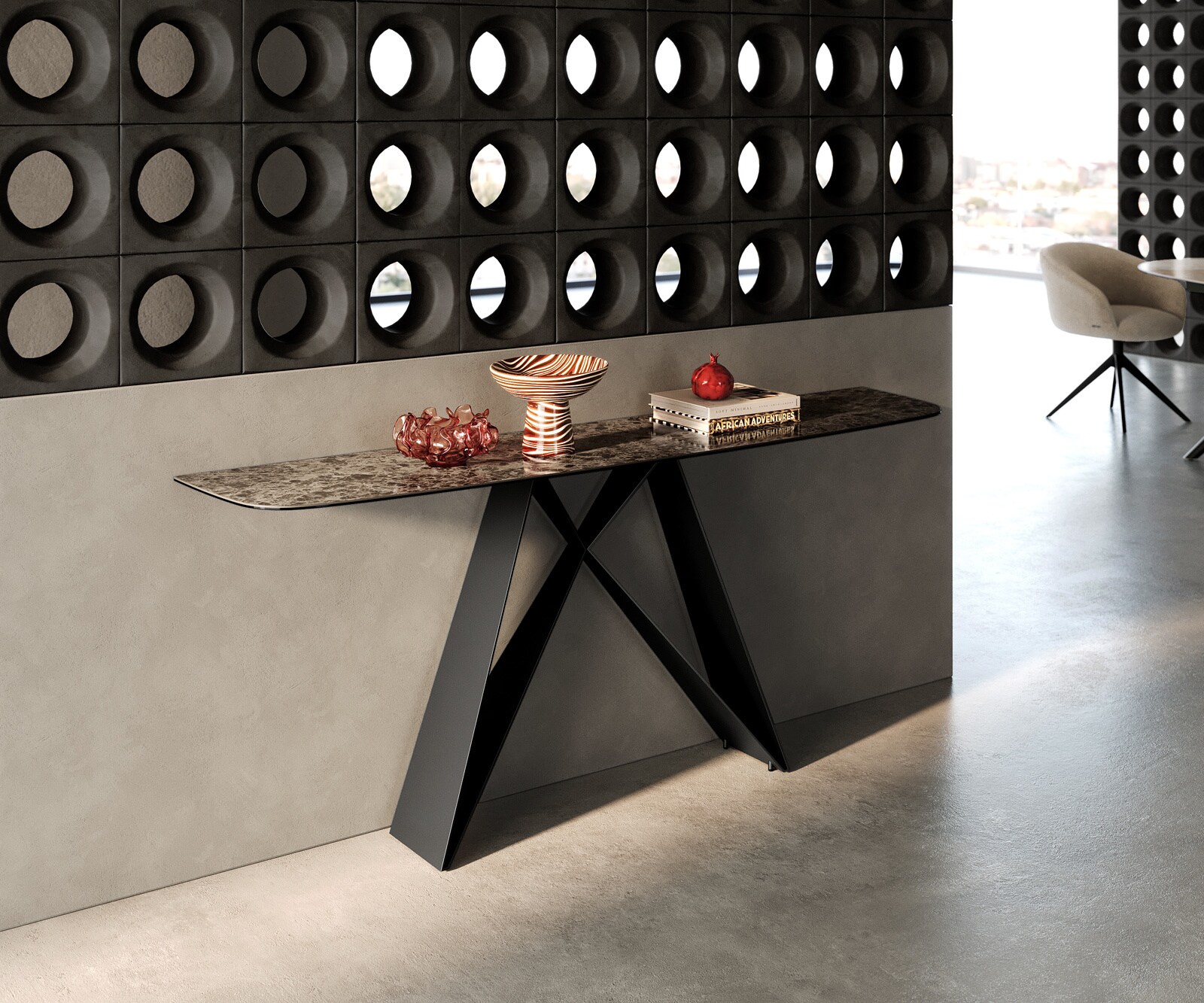 Console Edge forme bateau 180x40 cm Céramique Emperador Extra Lucidato Dunkelbraun Velio Métal Noir 3