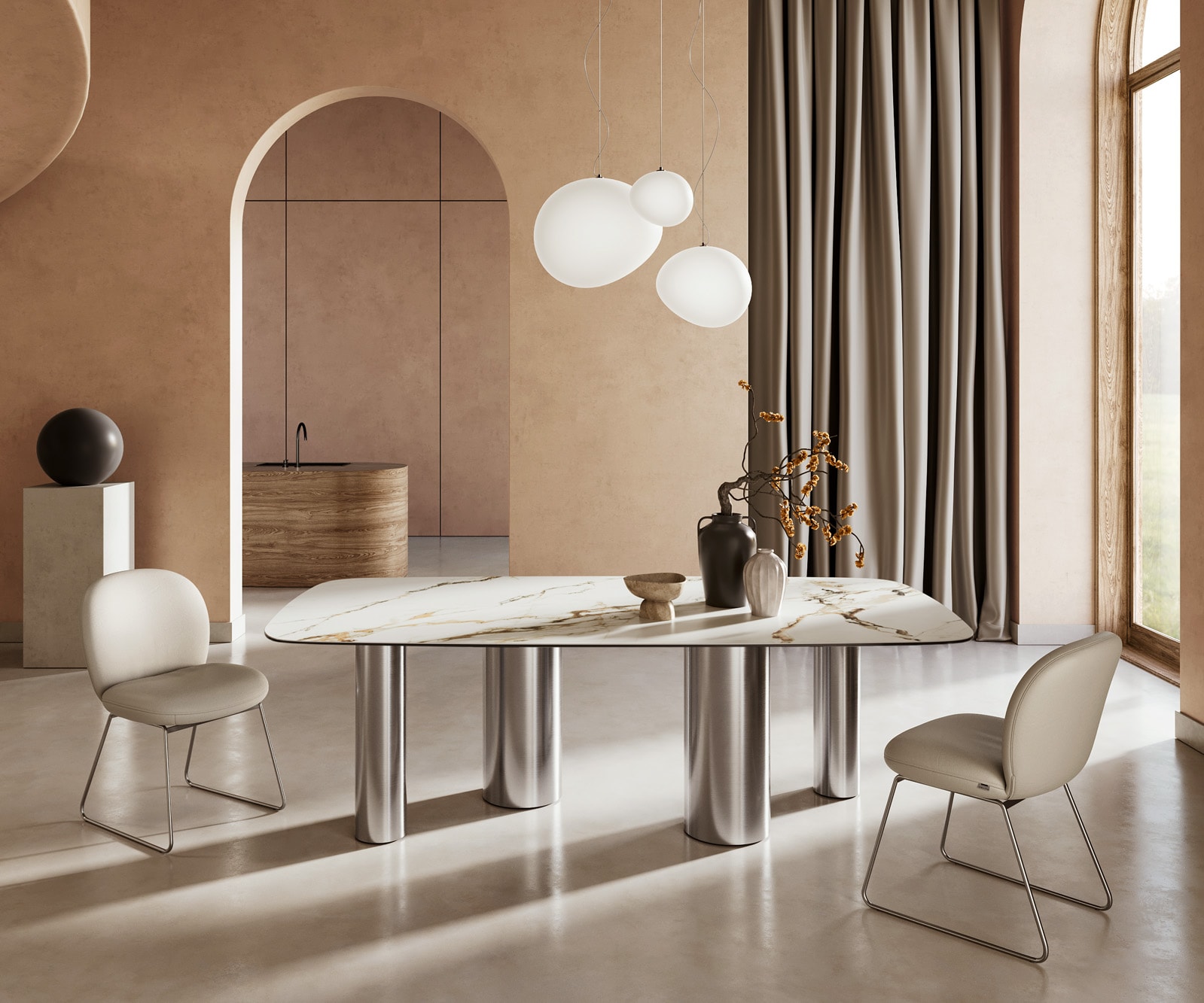 Esstisch Edge Boot 240x120cm Keramik Calacatta Luxe Weiß-Gold-Grau Pilier Edelstahl Esstisch Edge Boot 240x120cm Keramik Calacatta Luxe Weiß-Gold-Grau Pilier Edelstahl