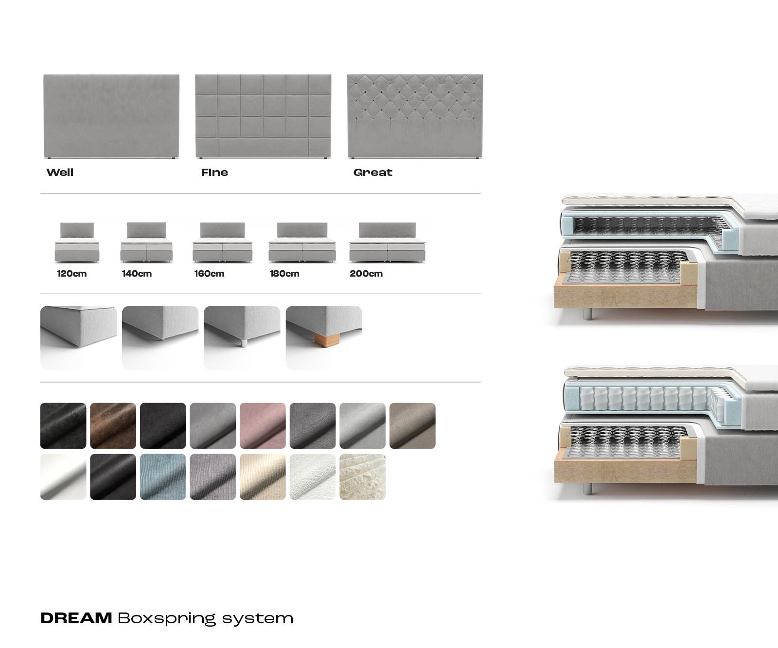 Lit à sommier tapissier Dream-Fine microfibre beige 200x200 cm avec matelas à ressorts ensachés et Visco-Surmatelas 6
