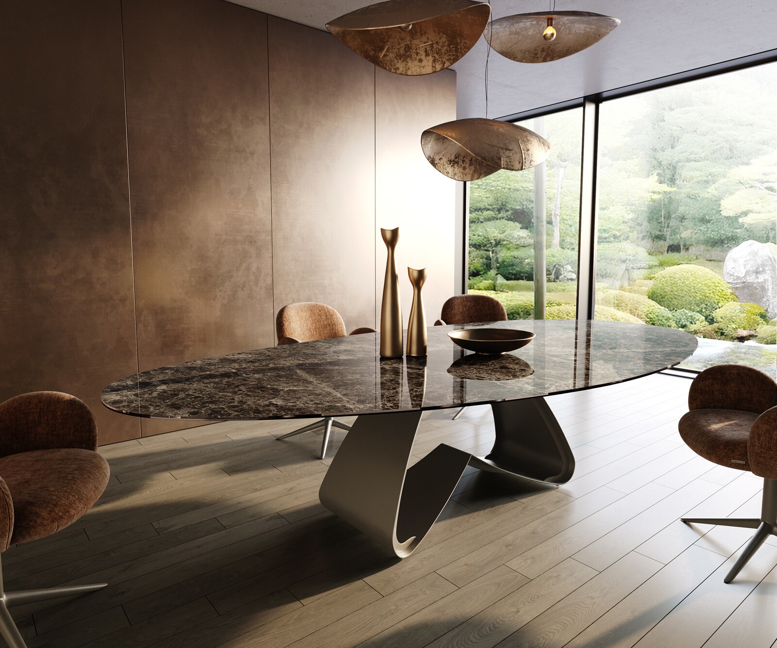 Table de salle à manger Edge Ovale 315x150 cm Céramique Emperador Extra Lucidato Brun foncé Piètement en W Métal finition effet Titane