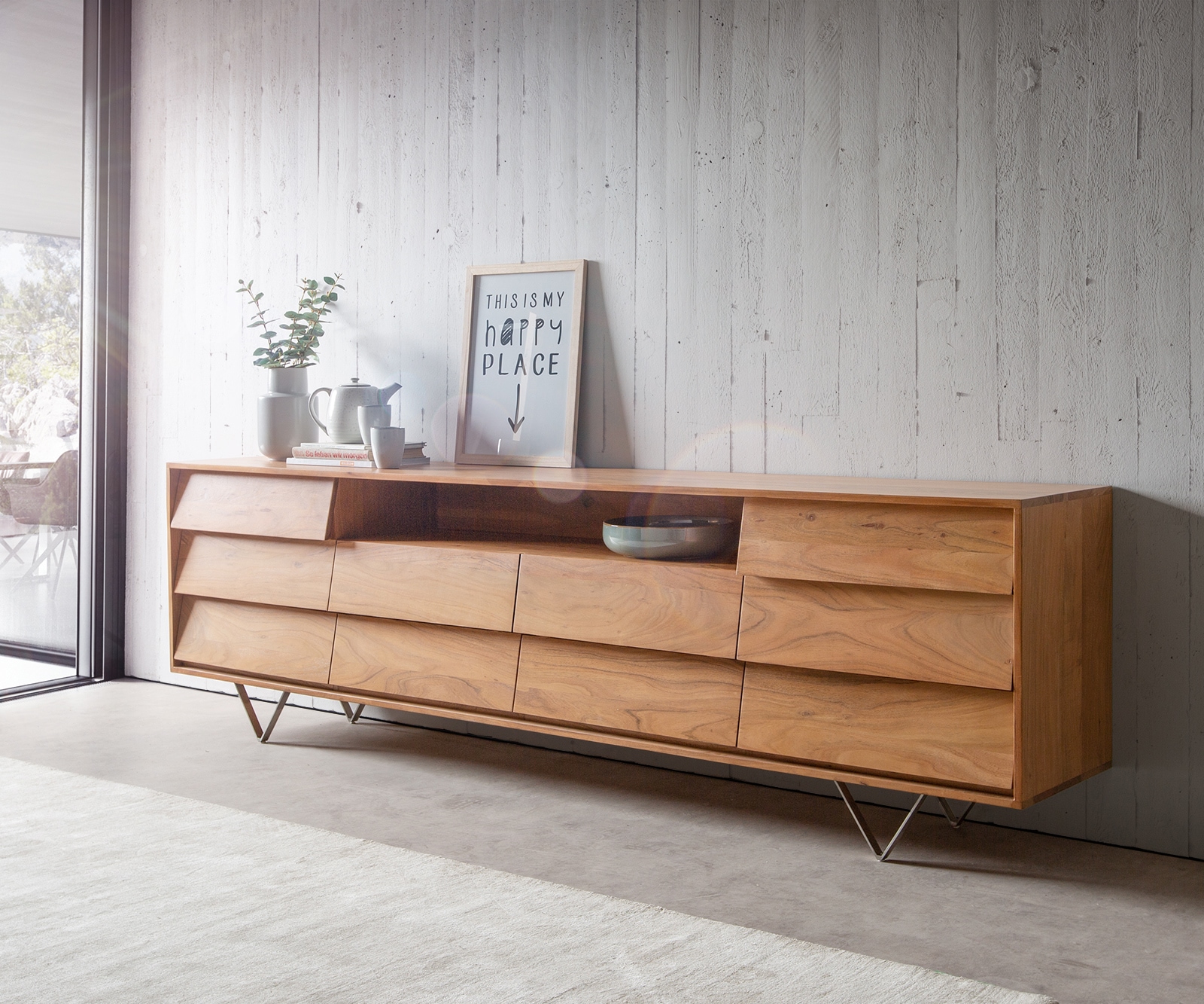 Kommode Eloi Akazie Natur 240x40 cm 2 Türen 6 Schubladen V-Fuß Edelstahl