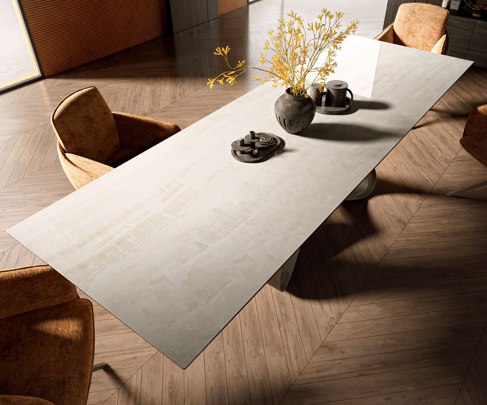 Table à manger Edge 300x100 cm céramique Onyx Champagne piètement en W métal finition effet titane 4